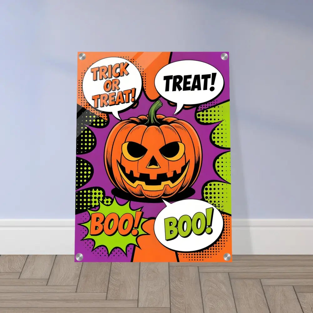 Halloween pop art acrylic print with jack-o’-lantern and comic speech bubbles