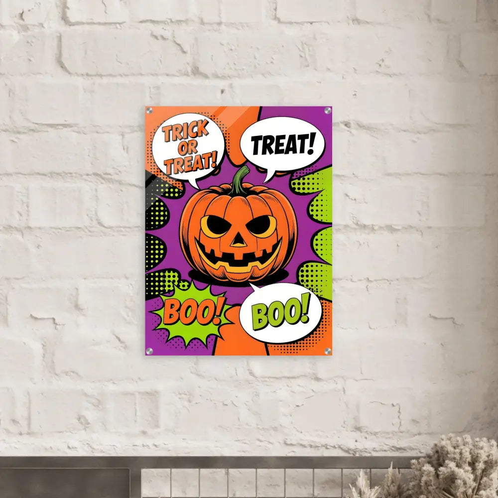 Colorful Halloween pop art poster with carved pumpkin and speech bubbles for Trick-or-Treat Halloween decor