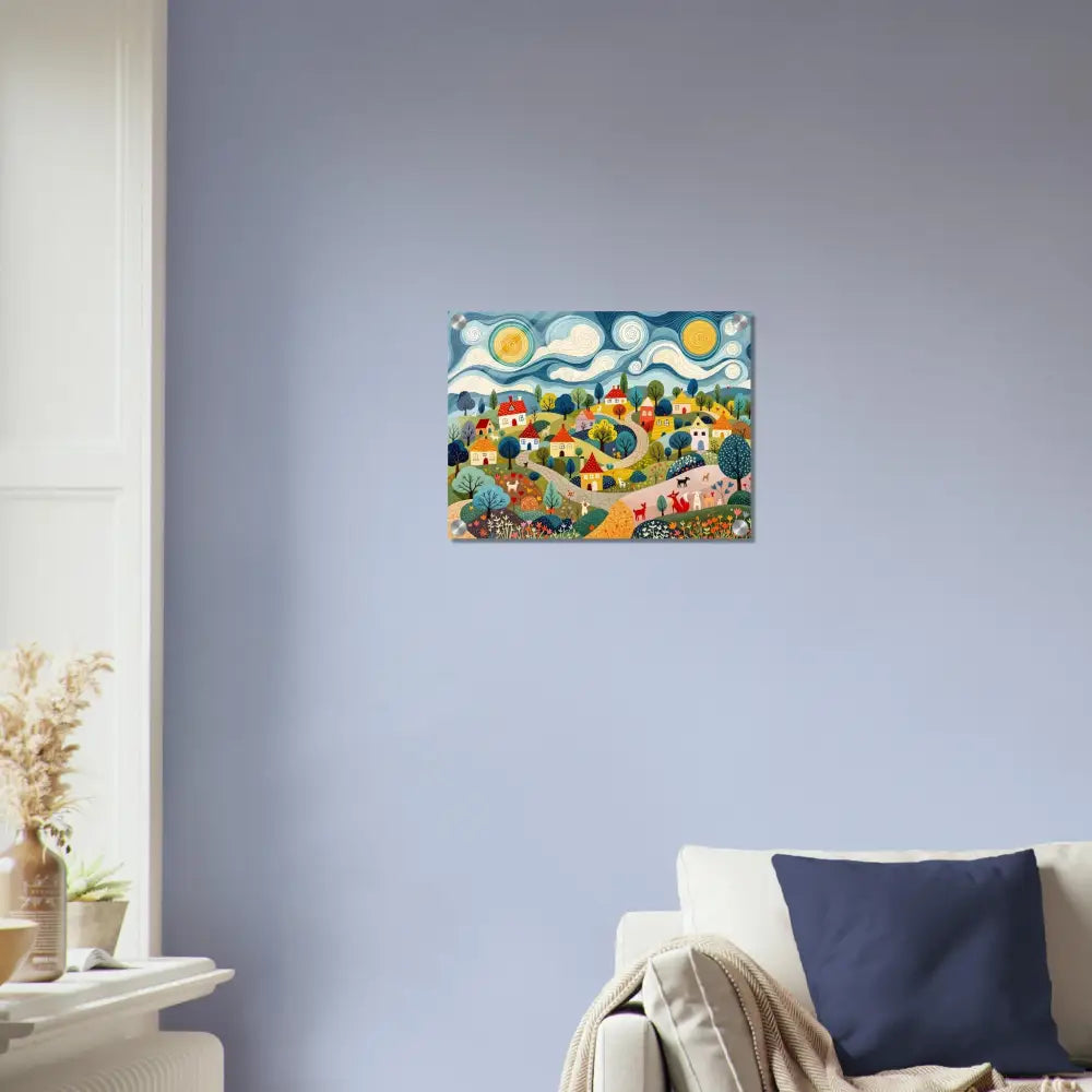 Colorful village painting displayed on Acrylic Print Hillside Harmony by PixiOnyx