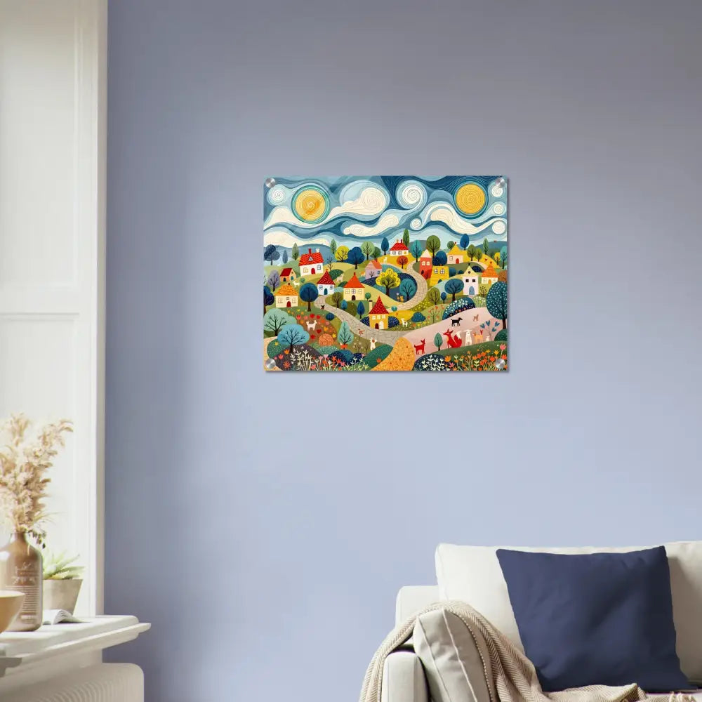 Colorful village scene painting for Acrylic Print Hillside Harmony by PixiOnyx