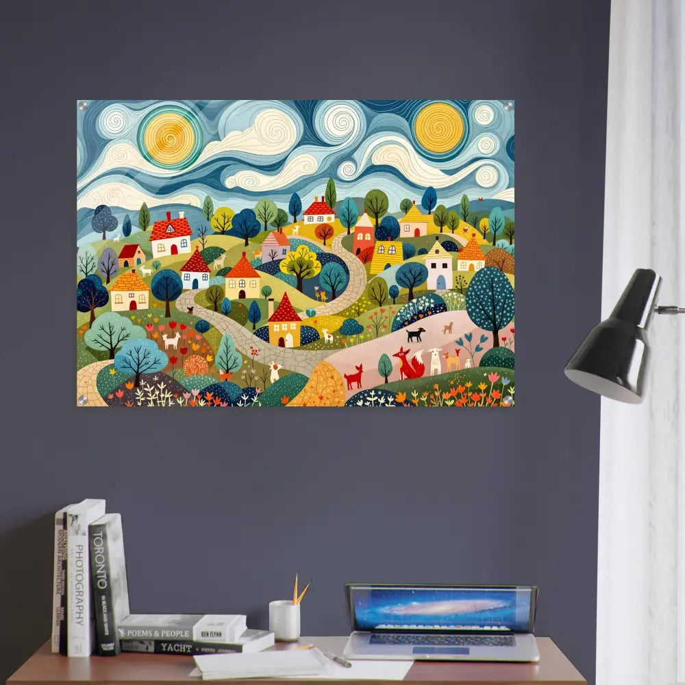 Colorful village landscape art displayed on Acrylic Print Hillside Harmony by PixiOnyx