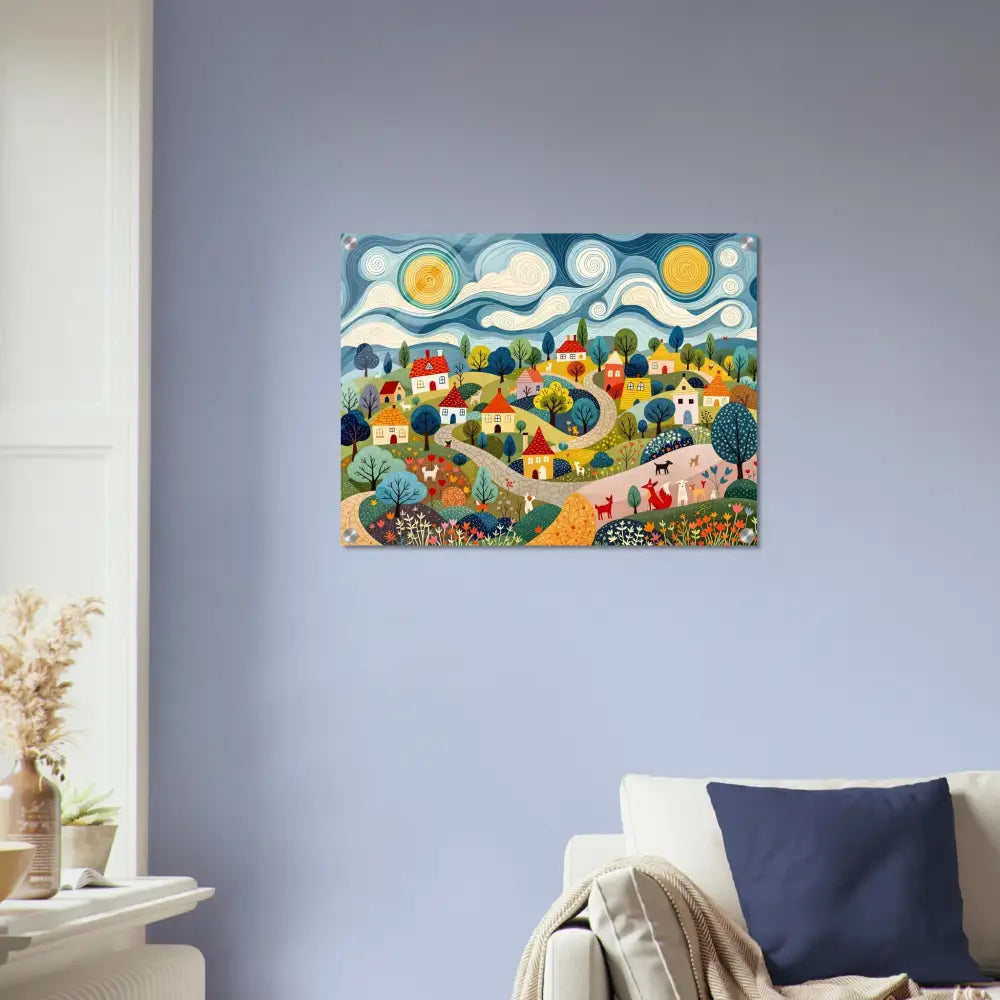Colorful village landscape painting on acrylic print Hillside Harmony by PixiOnyx