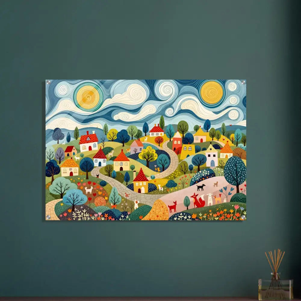 Colorful village scene painting on Acrylic Print Hillside Harmony by PixiOnyx