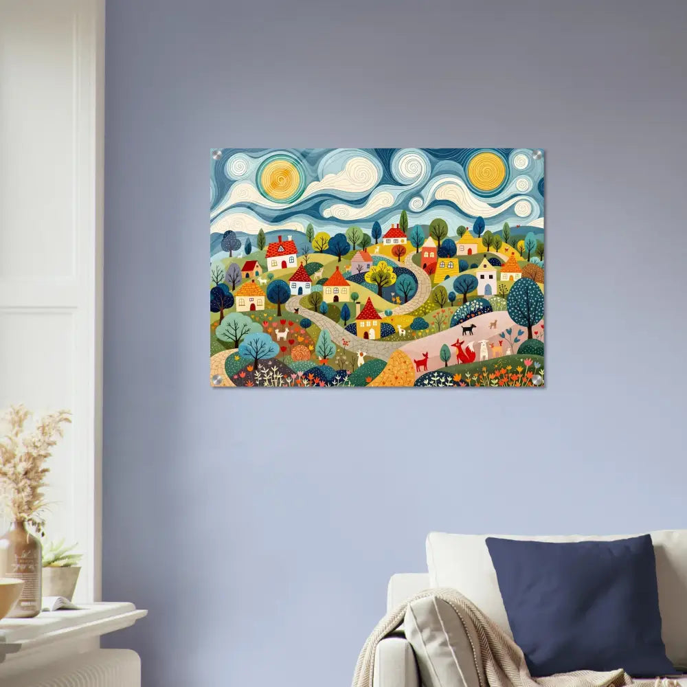 Colorful village scene artwork on Acrylic Print Hillside Harmony by PixiOnyx