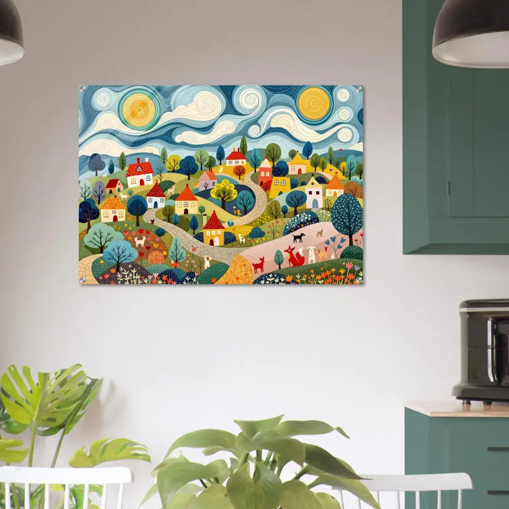 Colorful village landscape painting on Acrylic Print Hillside Harmony by PixiOnyx