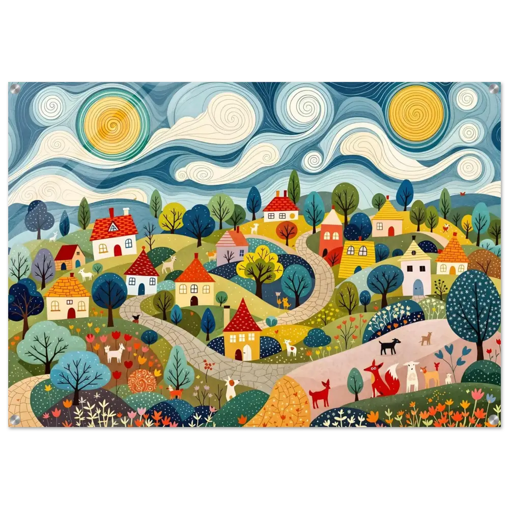 Acrylic Print Hillside Harmony whimsical village landscape vibrant colors and charming scene