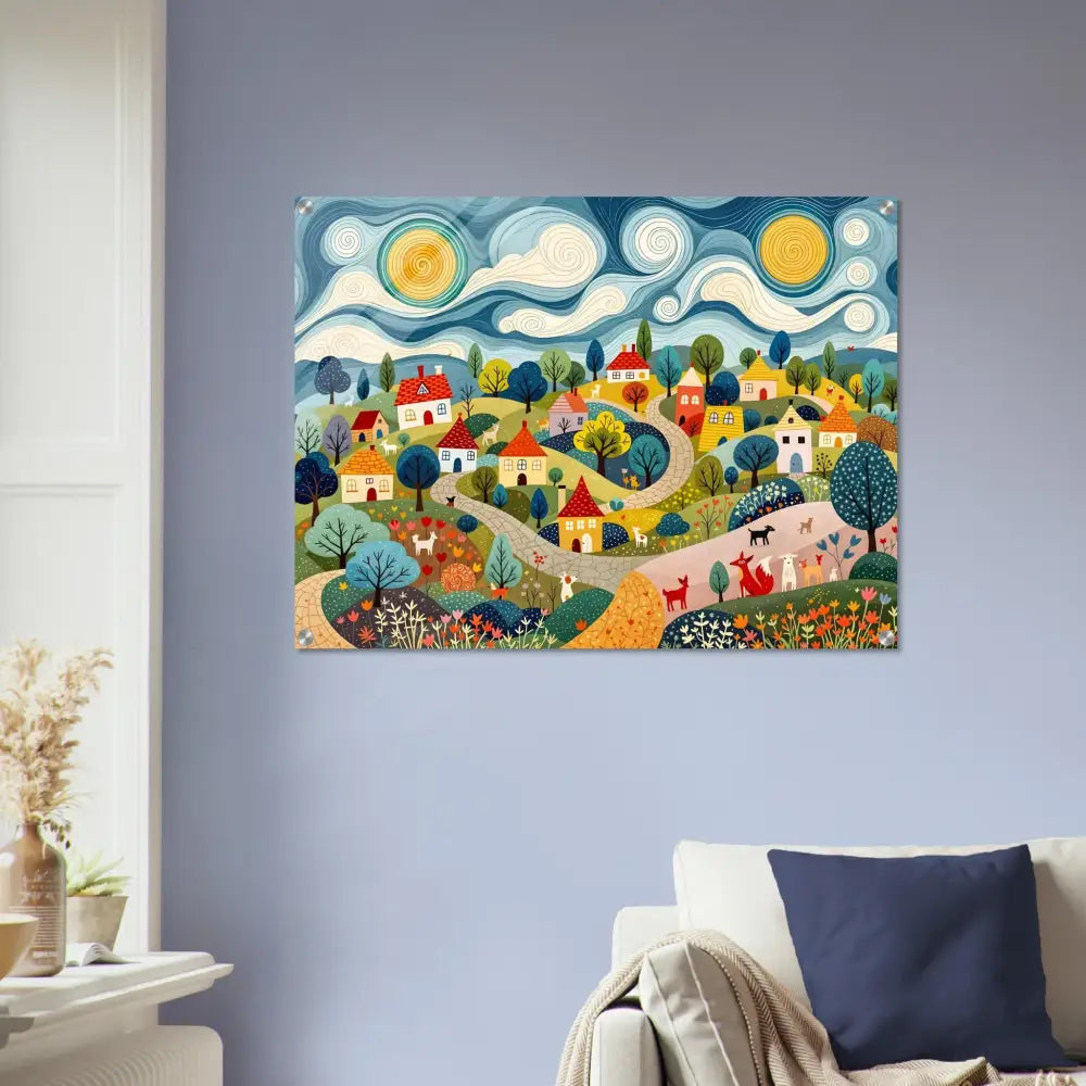 Colorful village landscape painting on Acrylic Print Hillside Harmony by PixiOnyx