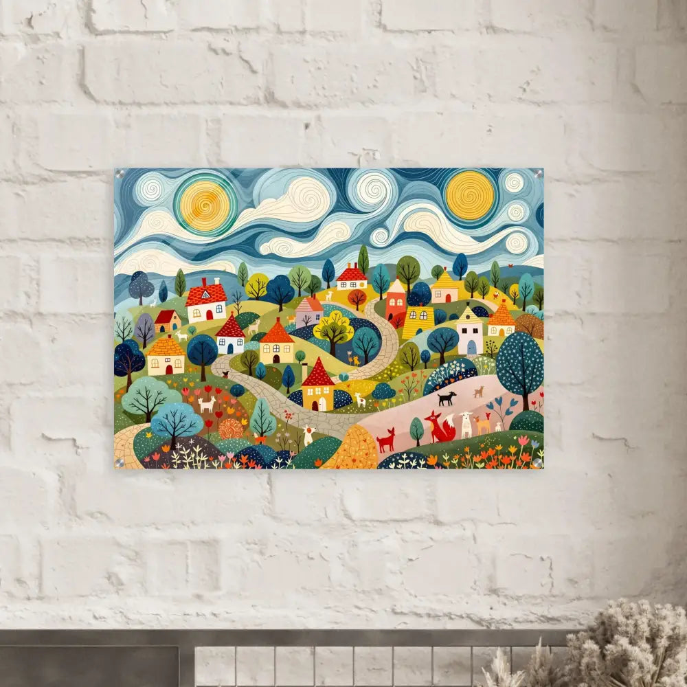 Colorful village landscape painting on acrylic print Hillside Harmony by PixiOnyx