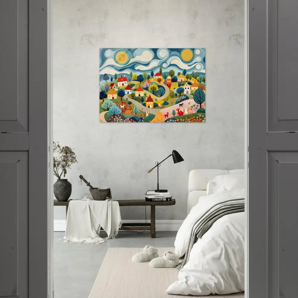 Colorful village painting displayed on Acrylic Print Hillside Harmony by PixiOnyx