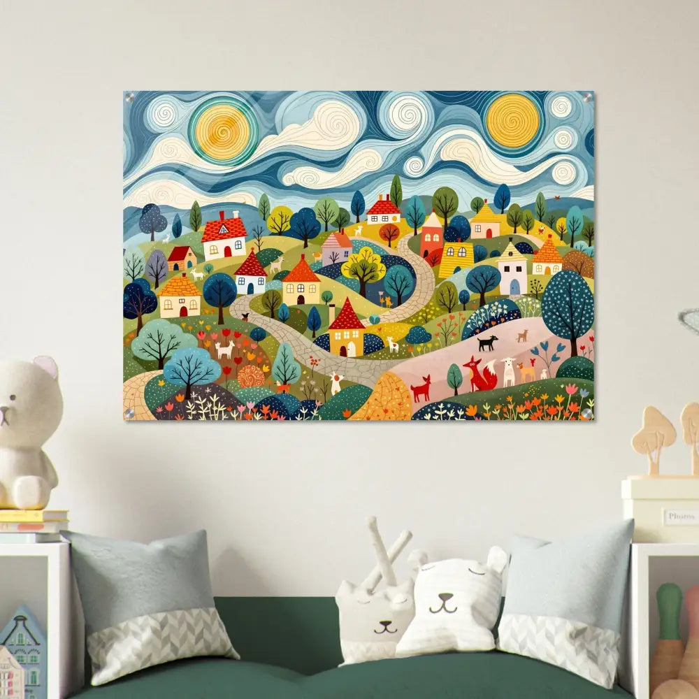 Colorful village landscape artwork on Acrylic Print Hillside Harmony by PixiOnyx