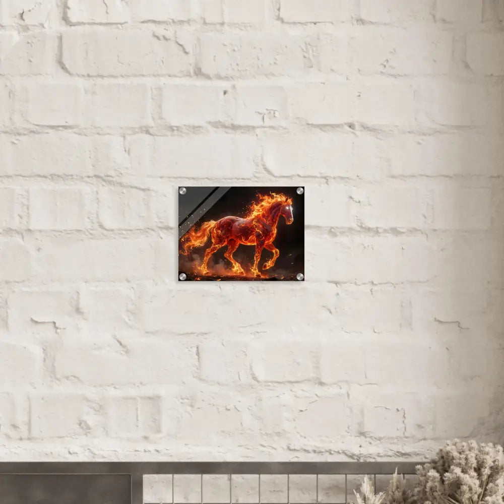 Acrylic print of a fiery inferno stallion suspended beneath crystal-clear acrylic by PixiOnyx