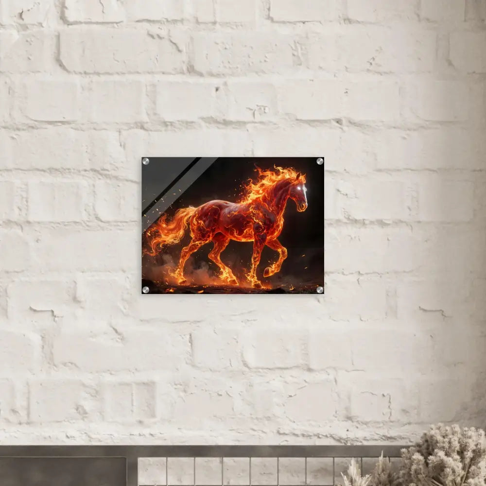 Acrylic print of the Inferno Stallion fiery horse suspended beneath crystal-clear acrylic