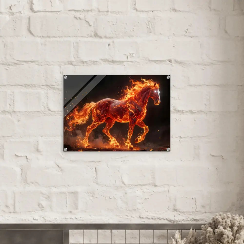 Acrylic print of the Inferno Stallion fiery horse suspended beneath crystal-clear acrylic