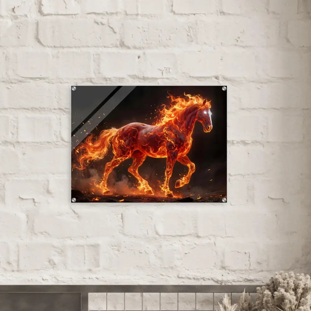 Vivid acrylic print of inferno stallion suspended beneath crystal-clear acrylic by PixiOnyx