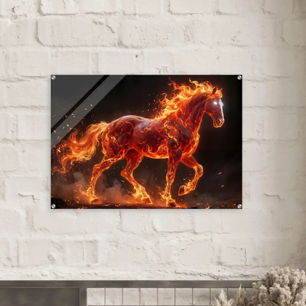 Acrylic print of inferno stallion suspended beneath crystal-clear acrylic by PixiOnyx