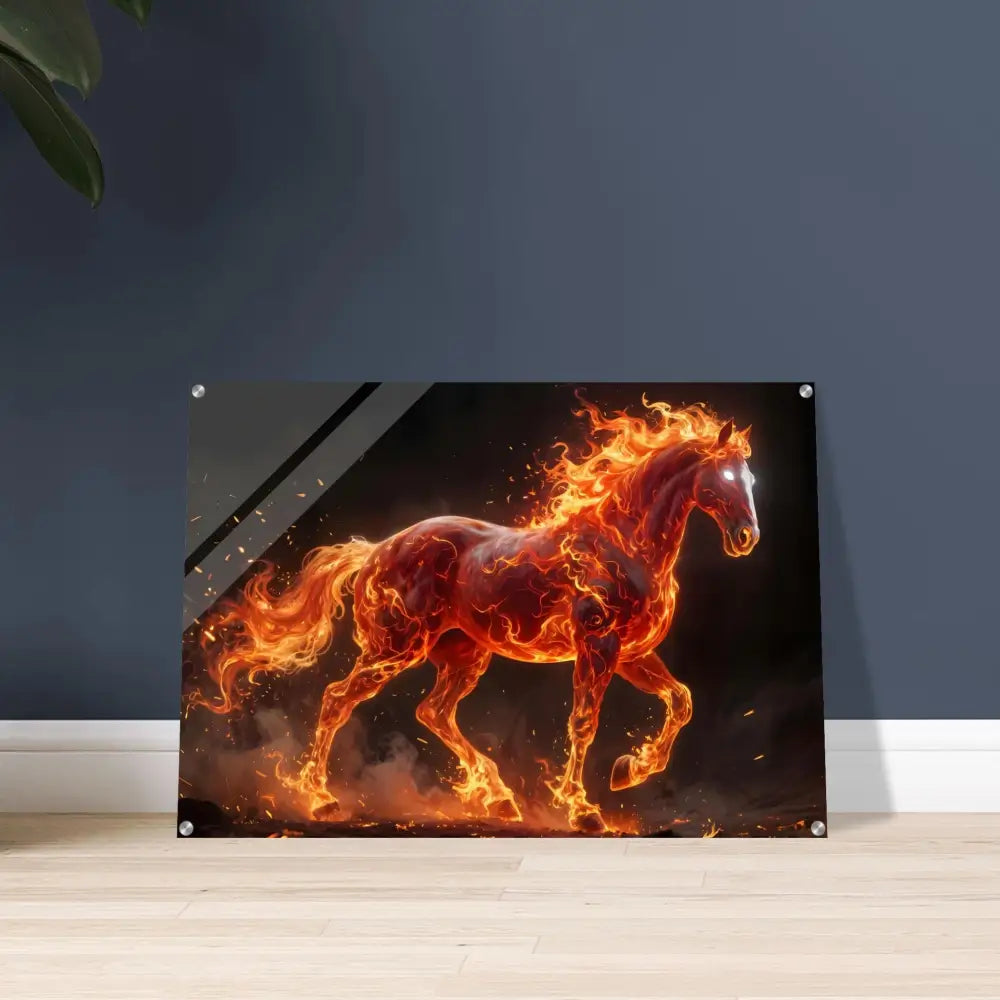 Rectangular acrylic print of inferno stallion suspended beneath crystal-clear acrylic with fiery details