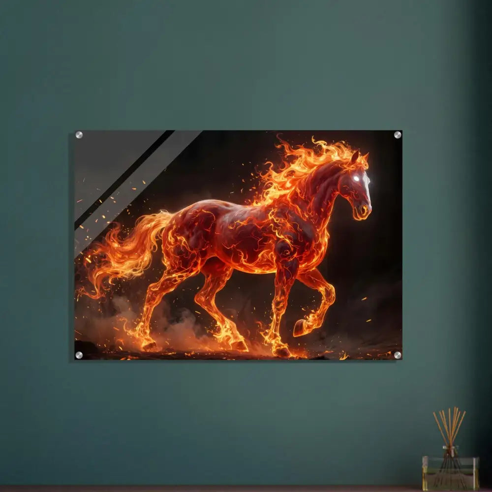 Vibrant inferno stallion wall art print suspended beneath crystal-clear acrylic artwork