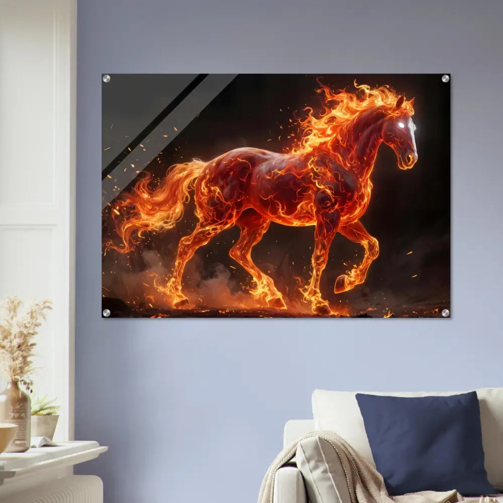 Fiery Inferno Stallion running depicted in suspended beneath crystal-clear acrylic wall art