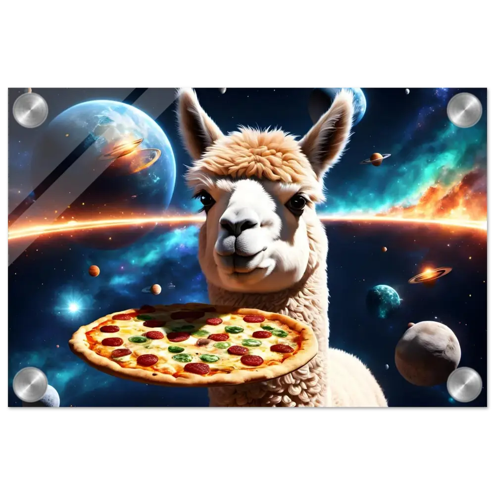 Cosmic alpaca holding pizza displayed on Acrylic Print Intergalactic Alpaca Wall Art