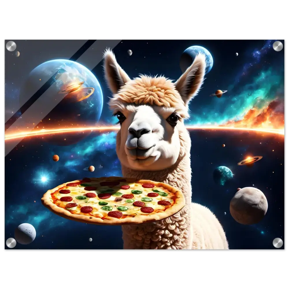 Llama holding pizza Acrylic Print Intergalactic Alpaca Crust Among the Cosmos PixiOnyx