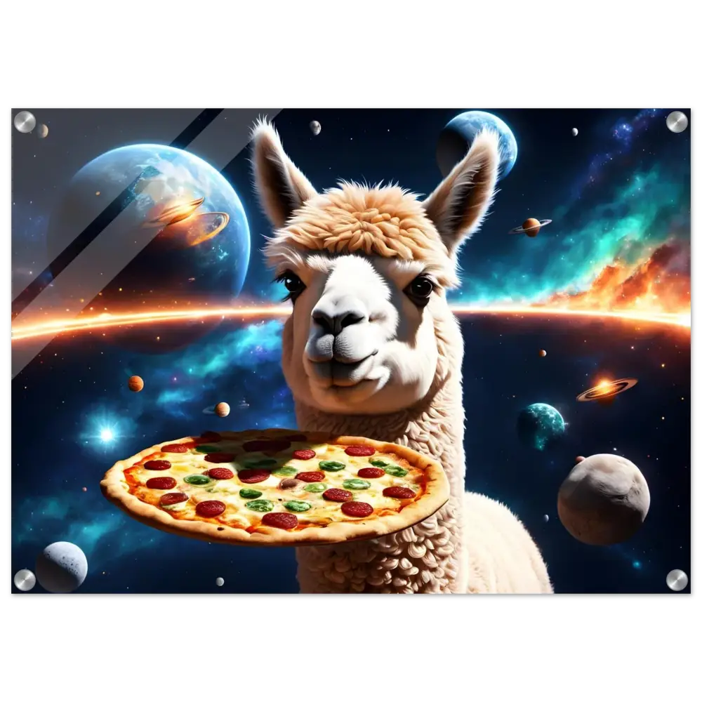 Llama holding pizza in space Acrylic Print Intergalactic Alpaca Crust Among the Cosmos