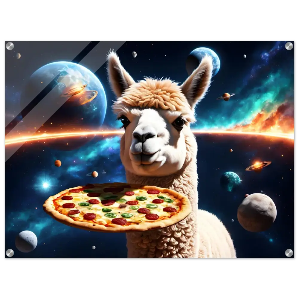 Llama holding pizza in space Acrylic Print Intergalactic Alpaca Crust Among the Cosmos