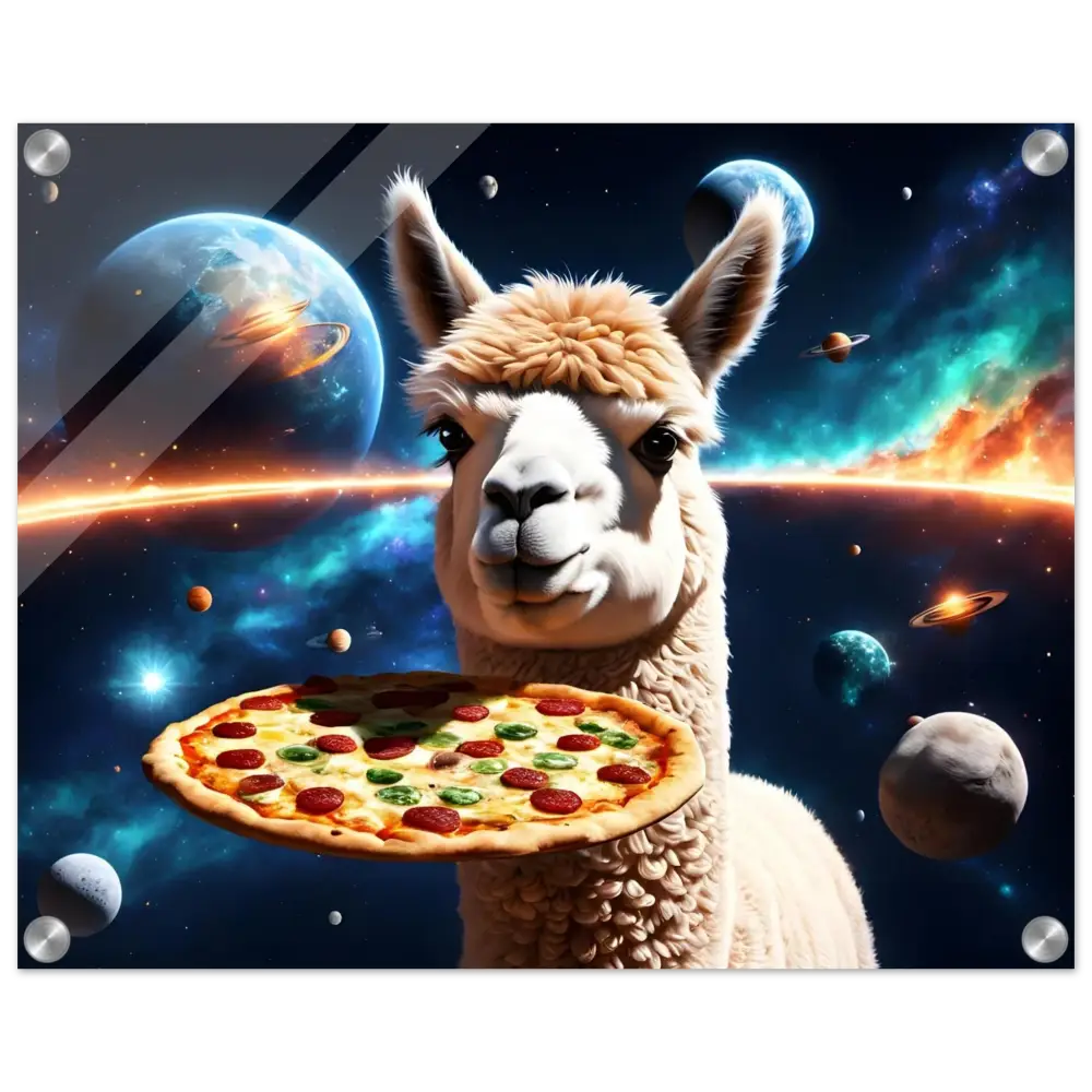 Alpaca holding pizza displayed on Intergalactic Alpaca Acrylic Print Wall Art