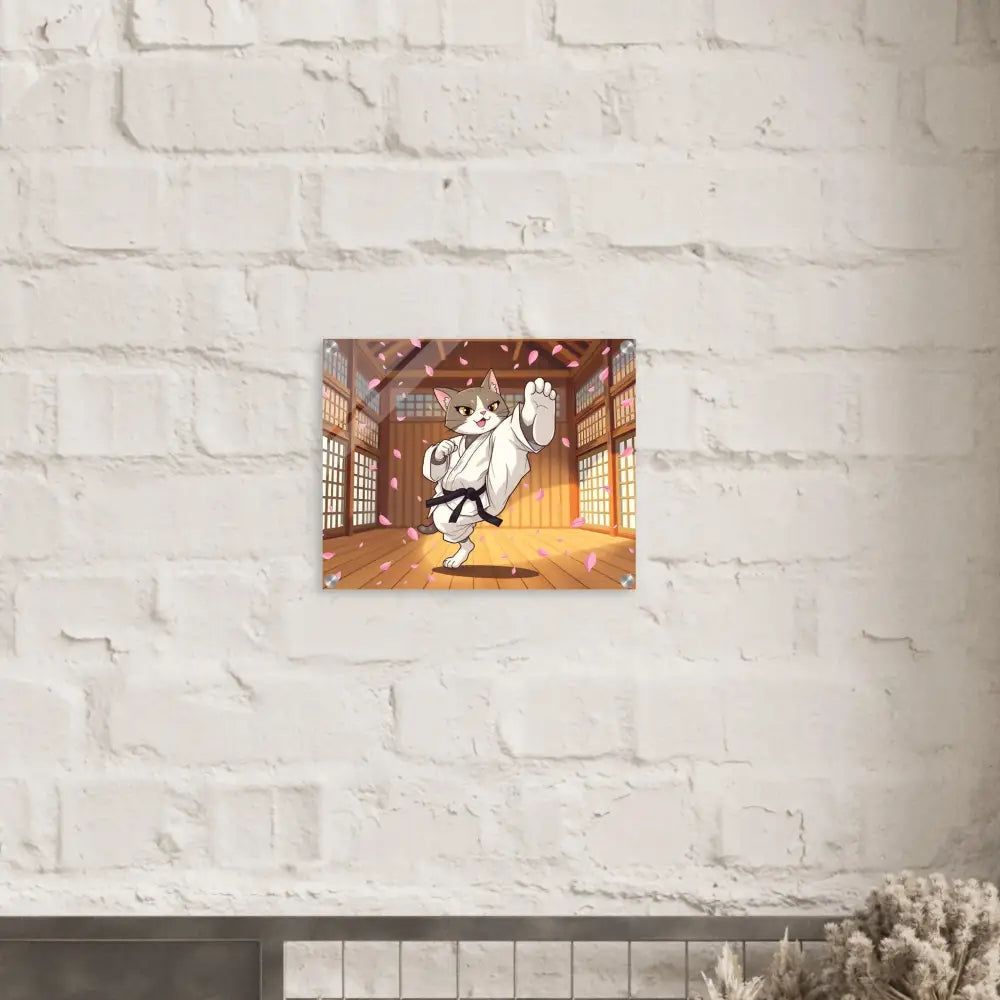 Acrylic print of Karate Cat art with Cherry Blossom Showdown design by PixiOnyx