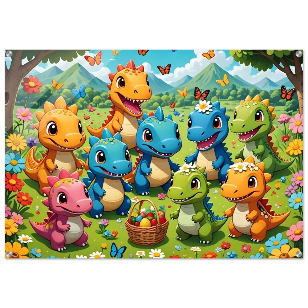 Cartoon dinosaurs with Easter basket on Joyful Jurassic Field Acrylic Print by PixiOnyx