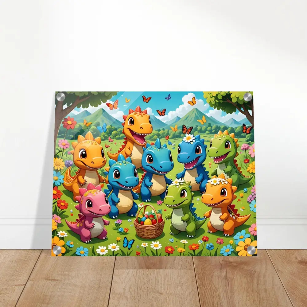 Cartoon dinosaur Easter scene on Acrylic Print Kawaii Dinos Joyful Jurassic Field