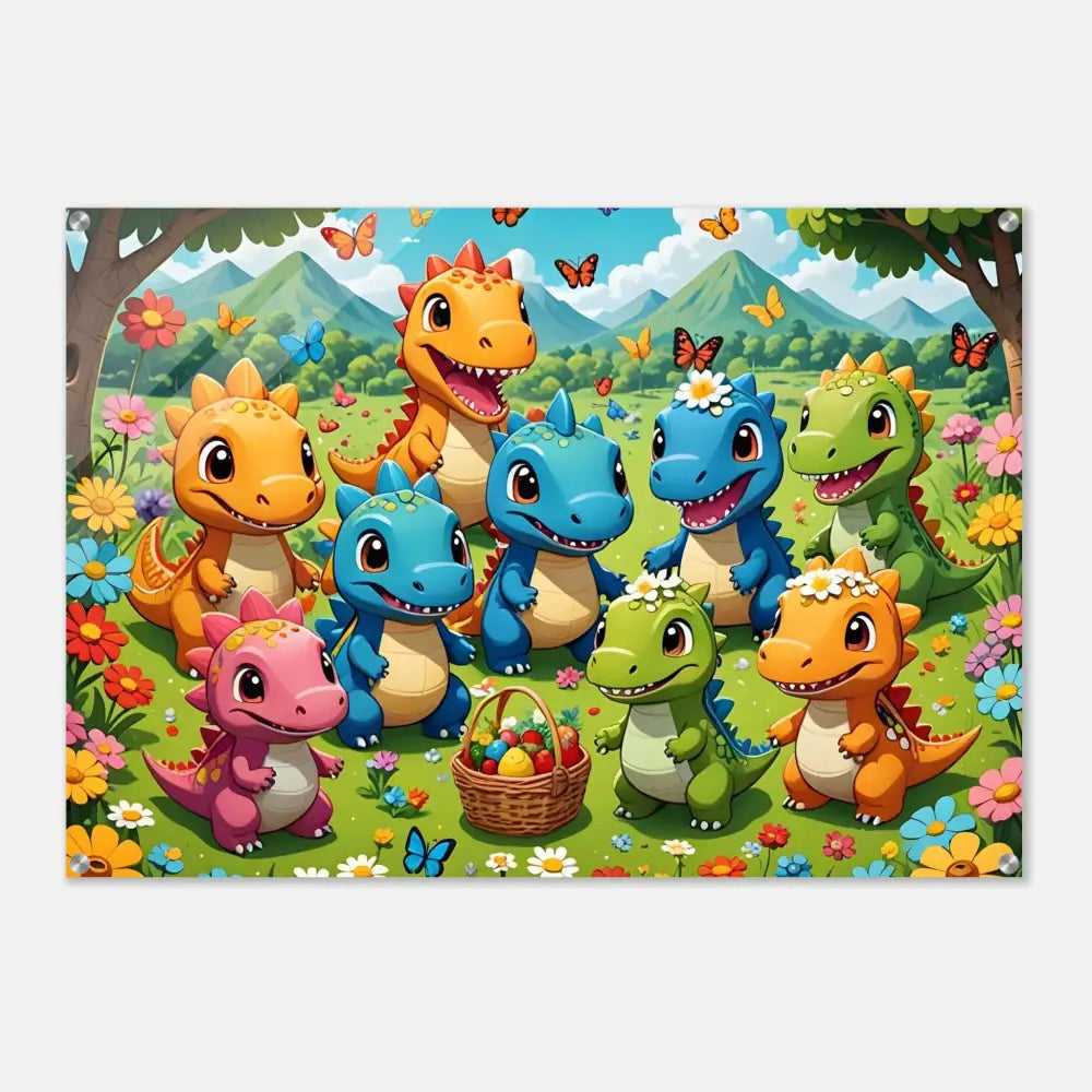 Cute cartoon dinosaurs with Easter basket on Acrylic Print Joyful Jurassic Field PixiOnyx