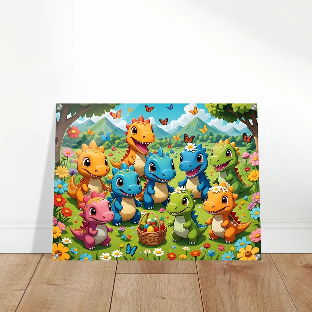 Colorful dinosaur Easter scene displayed in Acrylic Print Kawaii Dinos Joyful Jurassic Field