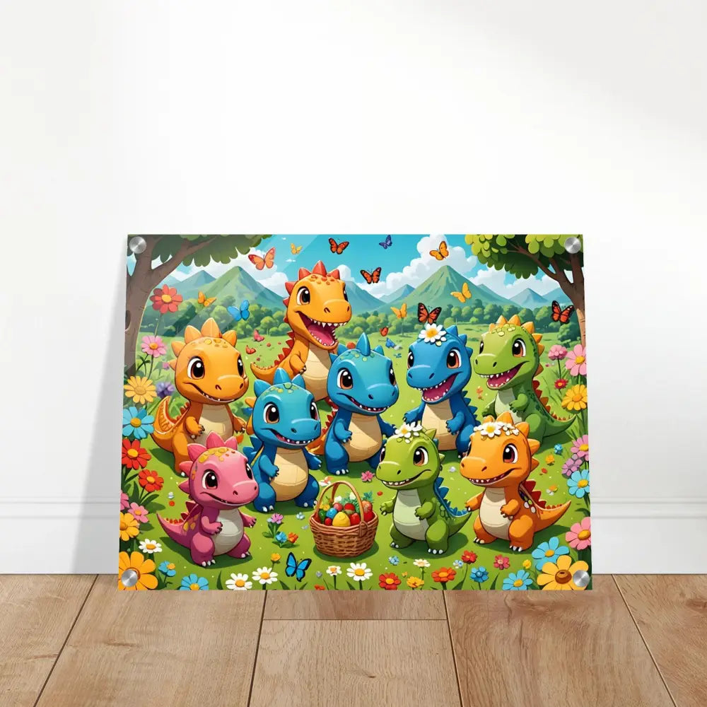 Colorful dinosaur Easter scene on Acrylic Print Kawaii Dinos Joyful Jurassic Field