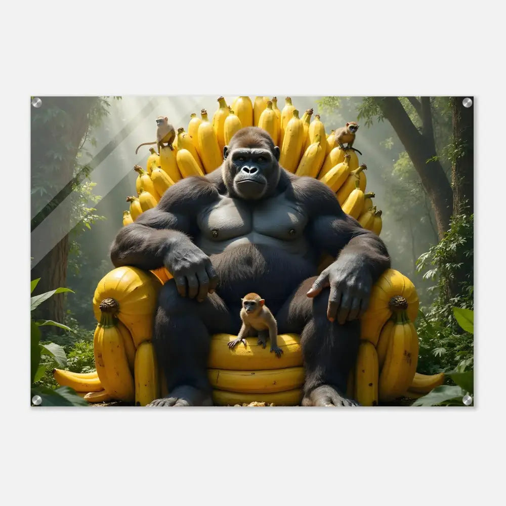 Acrylic print of a Gorilla sitting on a banana throne representing King Kong’s royality