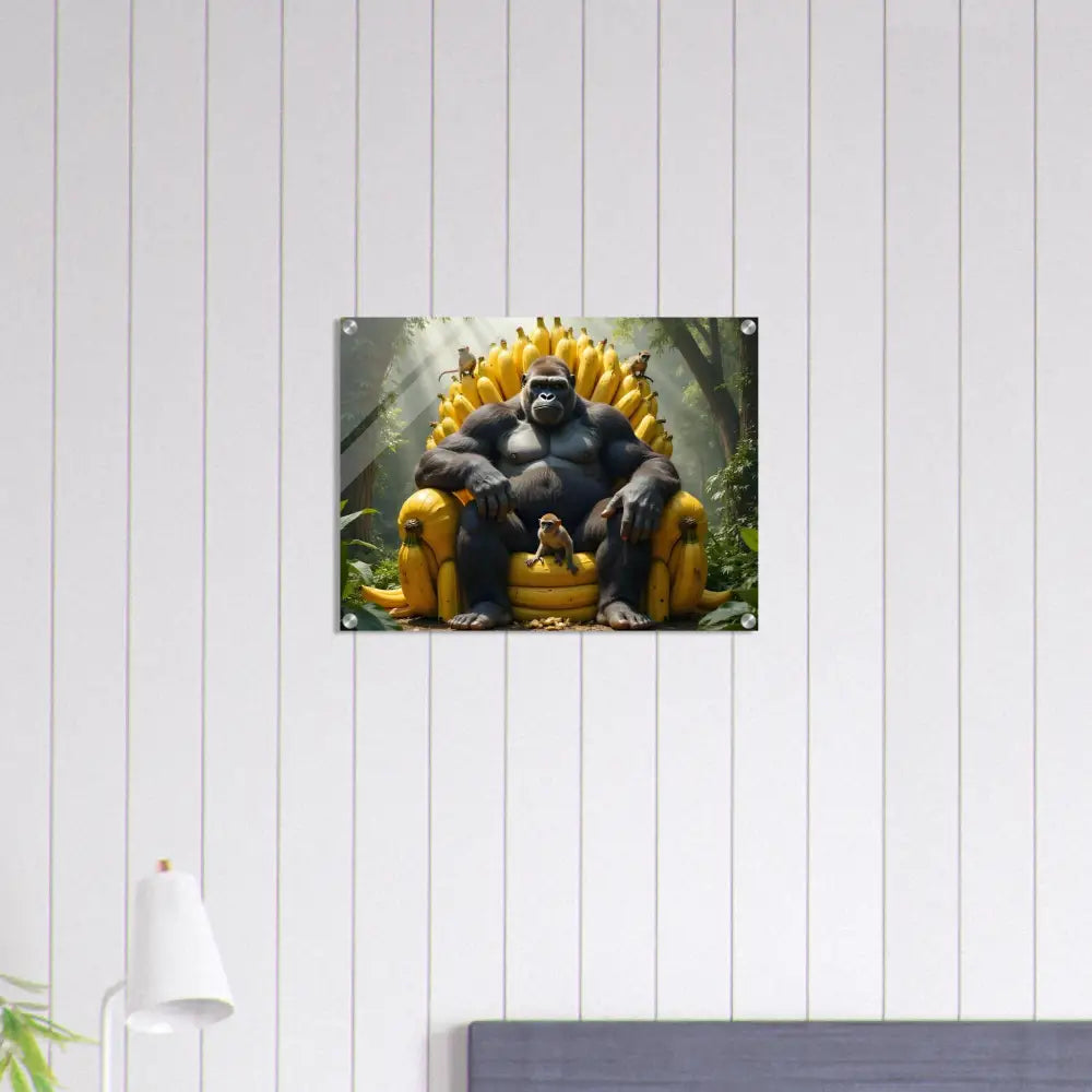 Acrylic print of a Gorilla sitting on a Banana Throne representing King Kong’s royality