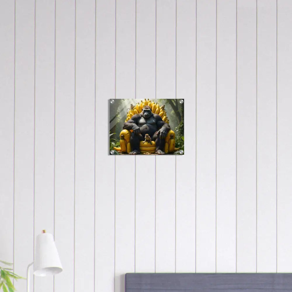 Acrylic print of a gorilla sitting on a banana throne showcasing Primate Royalty artwork