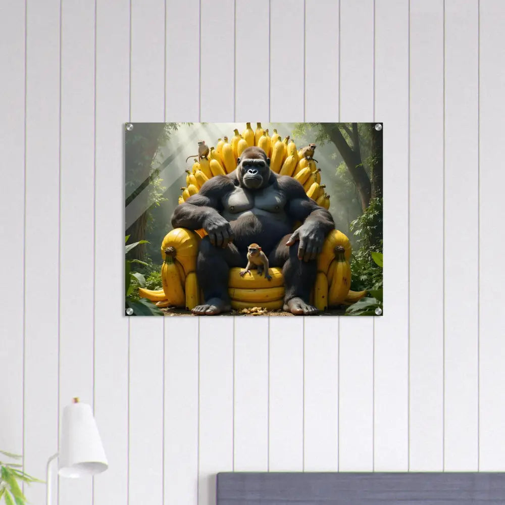 Acrylic print of a Gorilla on a Banana Throne representing King Kongs Primate Royalty