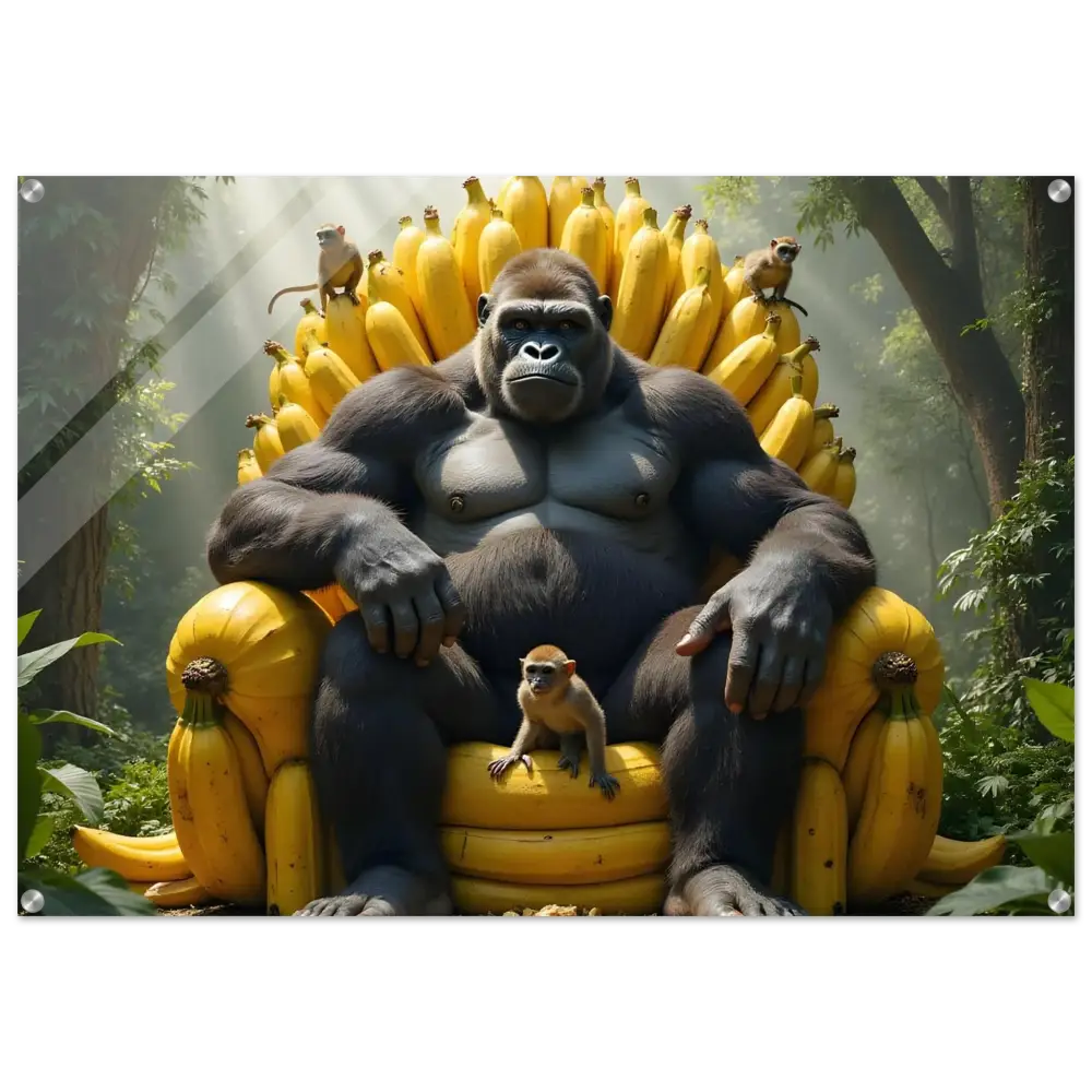 Acrylic Print of King Kong on a Banana Throne showcasing Primate Royalty artwork