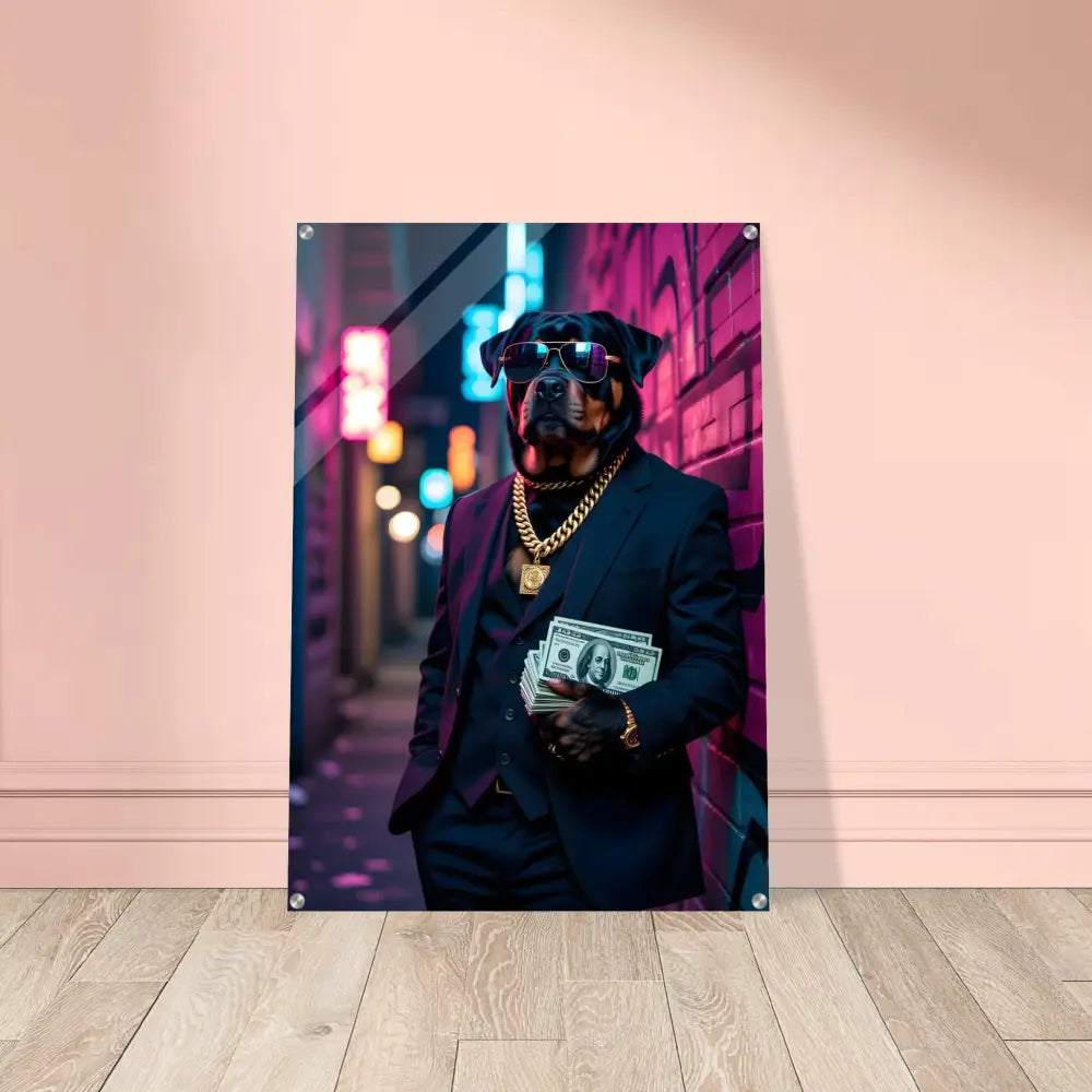 Rottweiler dog in suit holding money for Acrylic Print Kingpin K9 PixiOnyx Neon
