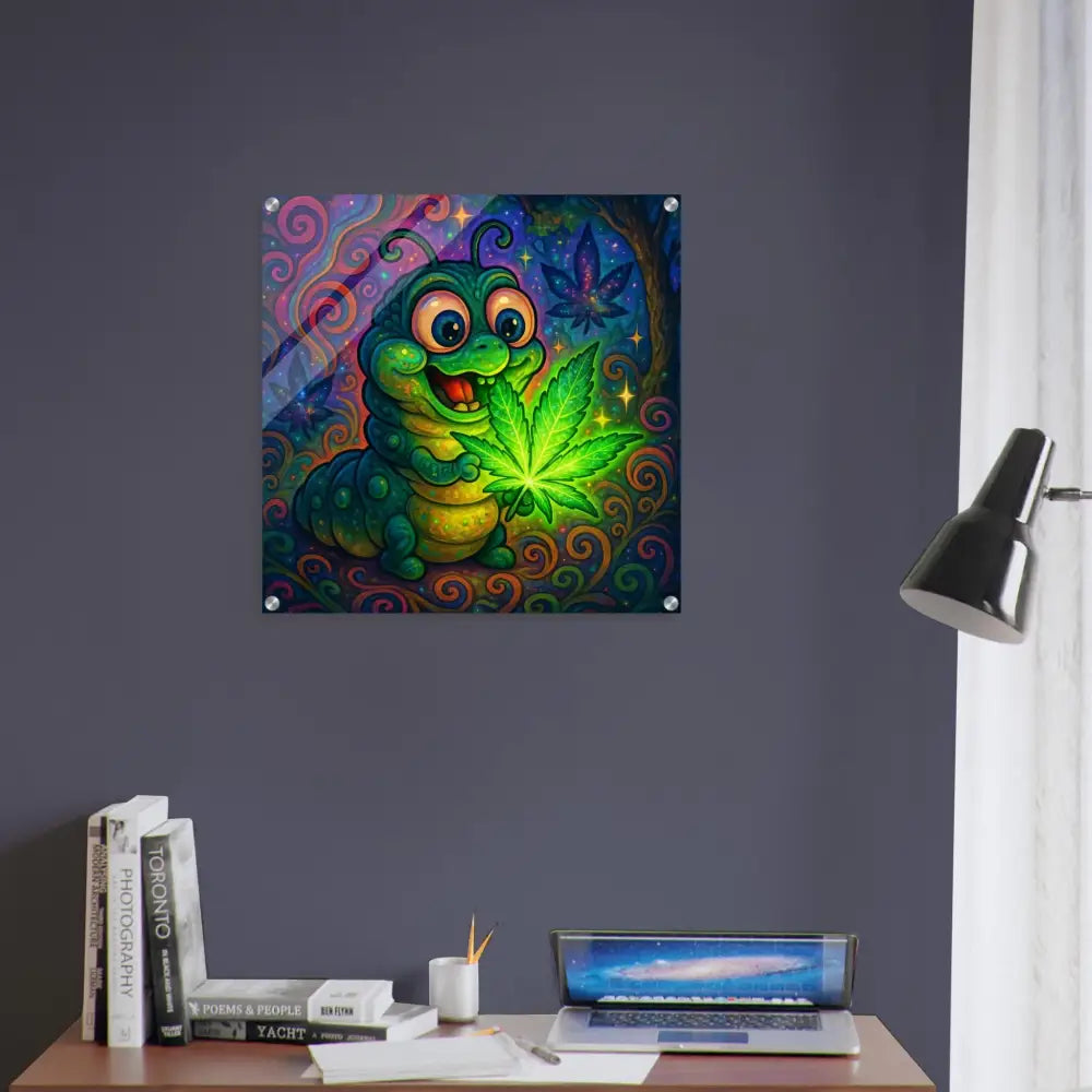 Cartoon caterpillar holding marijuana leaf on vibrant psychedelic wall art acrylic print