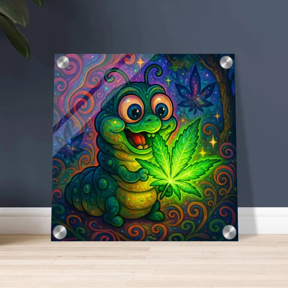 Cartoon caterpillar holding a cannabis leaf on Glowing Psychedelic Wall Art Acrylic Print