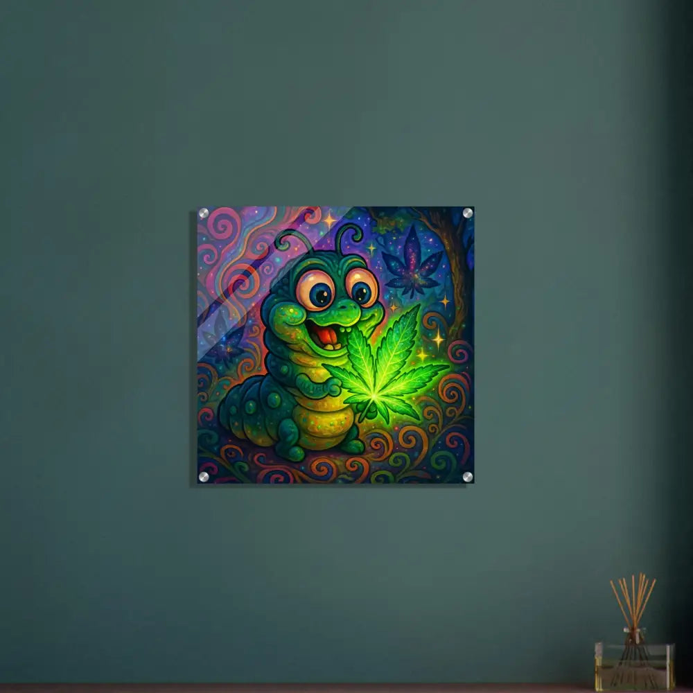 Cartoon caterpillar holding a cannabis leaf on Glowing Psychedelic Wall Art by PixiOnyx