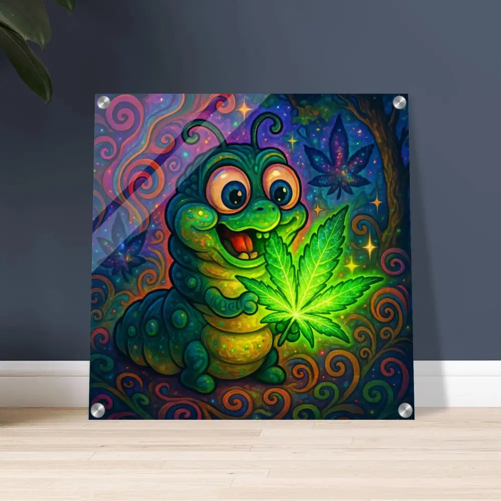 Psychedelic caterpillar holding marijuana leaf glowing psychedelic wall art Acrylic Print