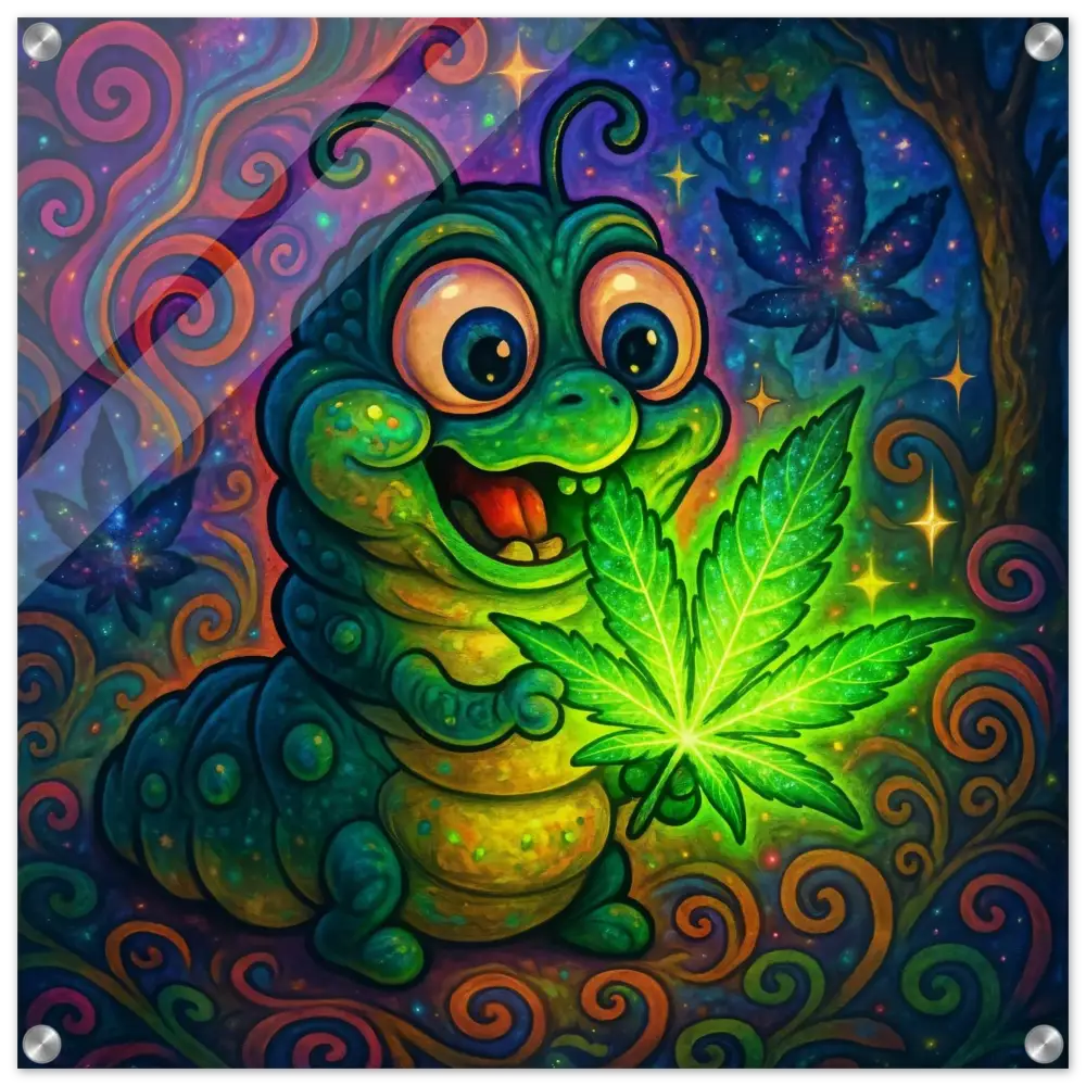 Cartoon caterpillar holding glowing cannabis leaf for Psychedelic Wall Art Acrylic Print