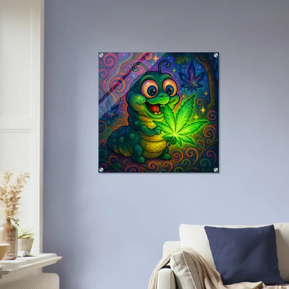 Cartoon caterpillar holding glowing marijuana leaf for Psychedelic Wall Art by PixiOnyx