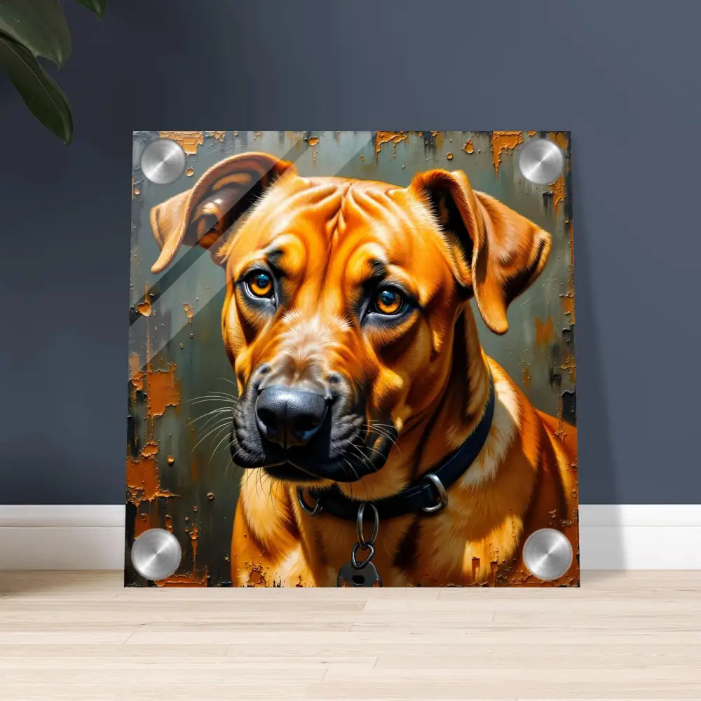 Vibrant acrylic print of a brown dog’s head with silver standoffs, glass-like acrylic print adds depth