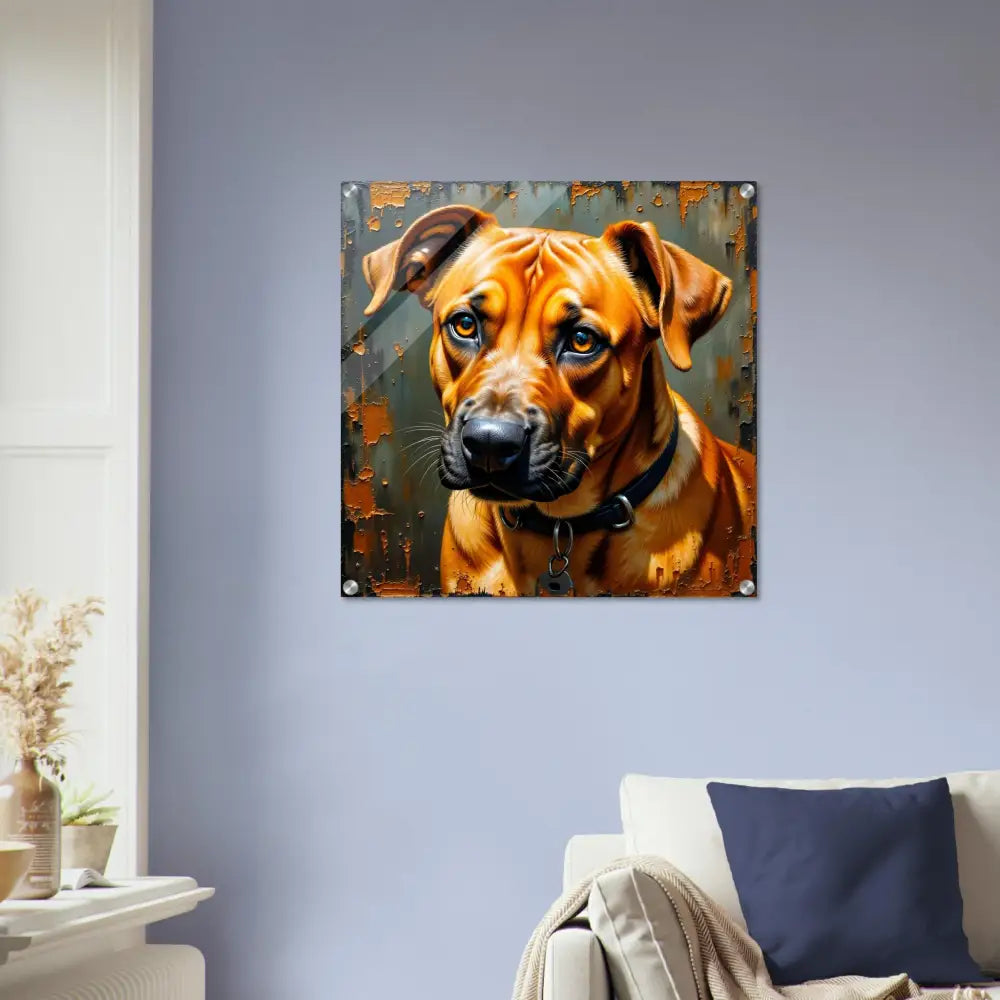 Acrylic print of a brown dog with black collar showcasing PixiOnyx Depth & Devotion display
