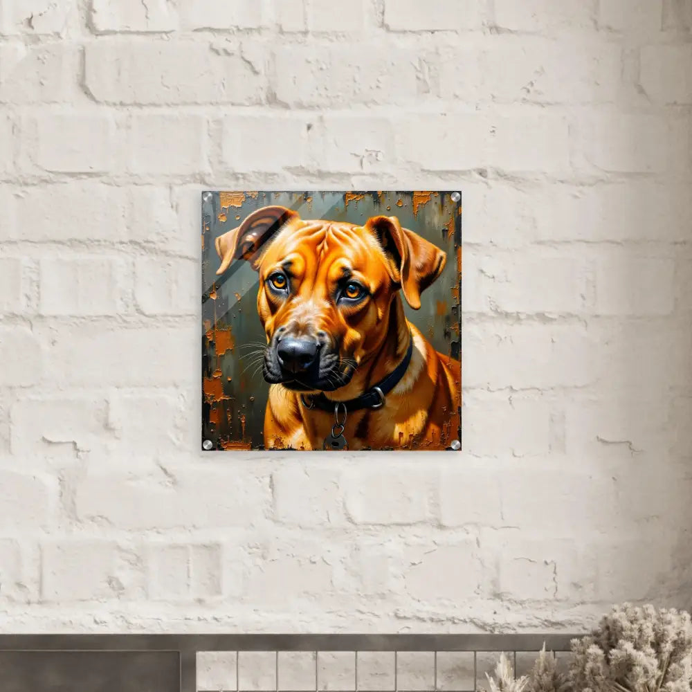 Acrylic print featuring a sad tan dog with a black collar, glass-like acrylic print adds depth