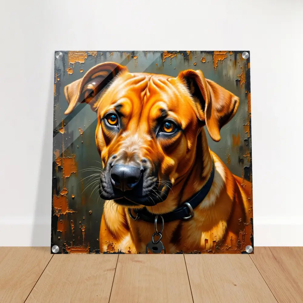 Vibrant acrylic print of a brown dog with black collar on clear glass-like acrylic display