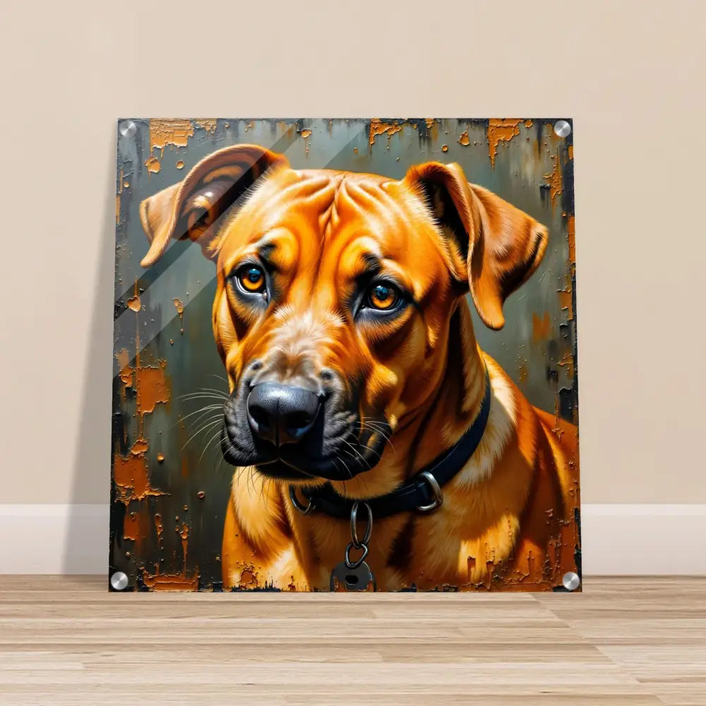 Acrylic print of a tan dog with black collar showcasing glass-like acrylic print adds depth and devotion